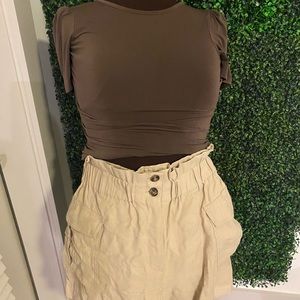 Olive green fitted Express top with high waisted tan H&M shorts